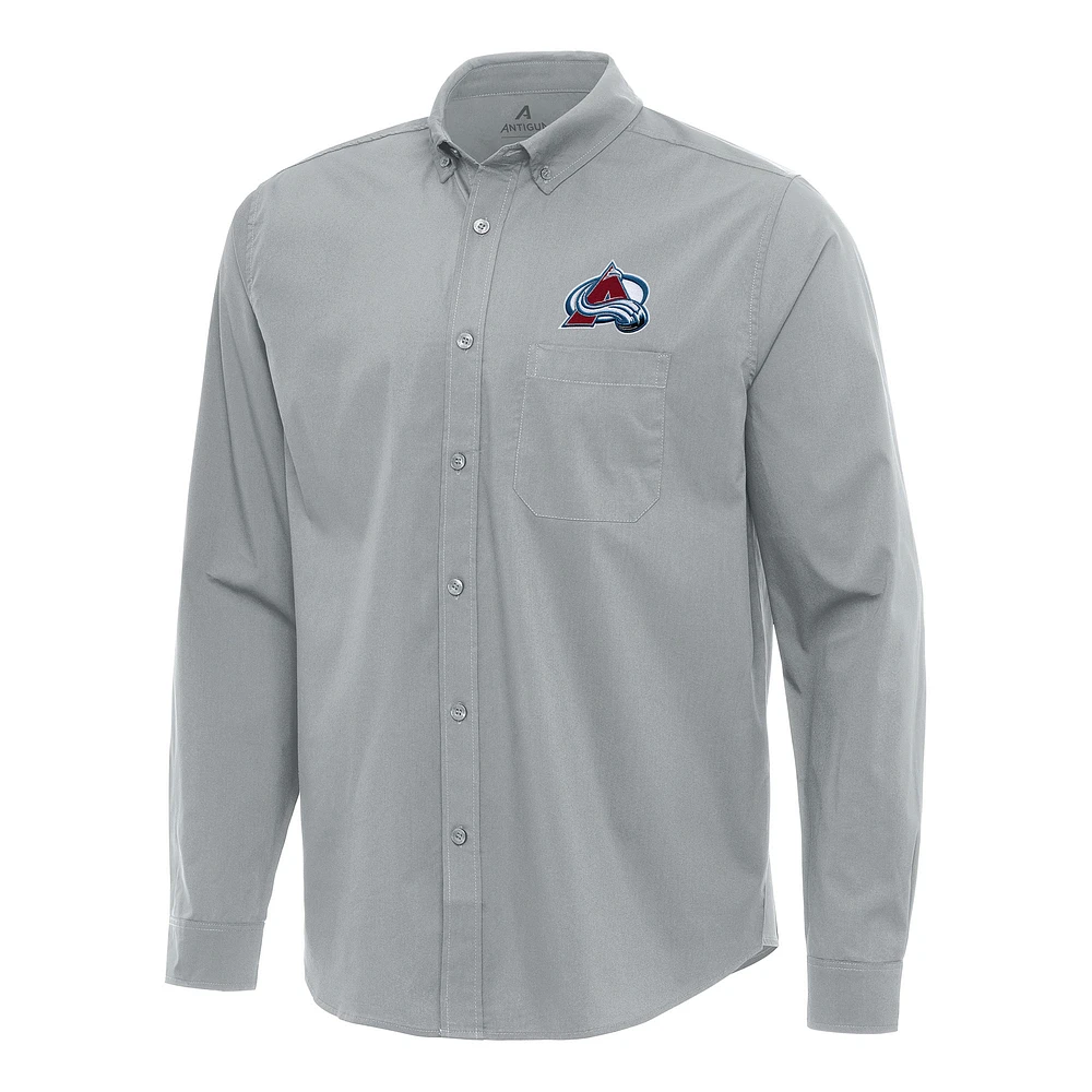 Men's Antigua Gray Colorado Avalanche Flight Woven Tri-Blend Long Sleeve Button-Down Shirt