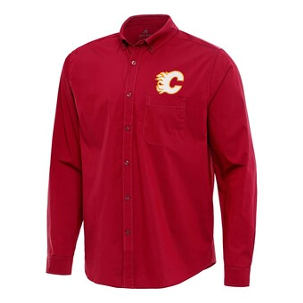 Men's Antigua Red Calgary Flames Flight Woven Tri-Blend Long Sleeve Button-Down Shirt