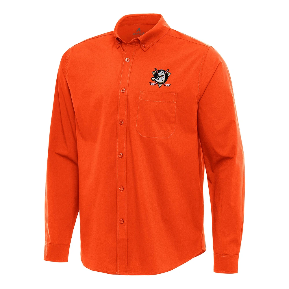 Men's Antigua Orange Anaheim Ducks Flight Woven Tri-Blend Long Sleeve Button-Down Shirt