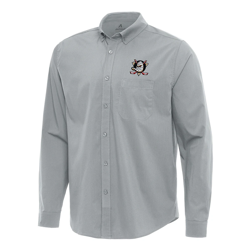 Men's Antigua Gray Anaheim Ducks Flight Woven Tri-Blend Long Sleeve Button-Down Shirt