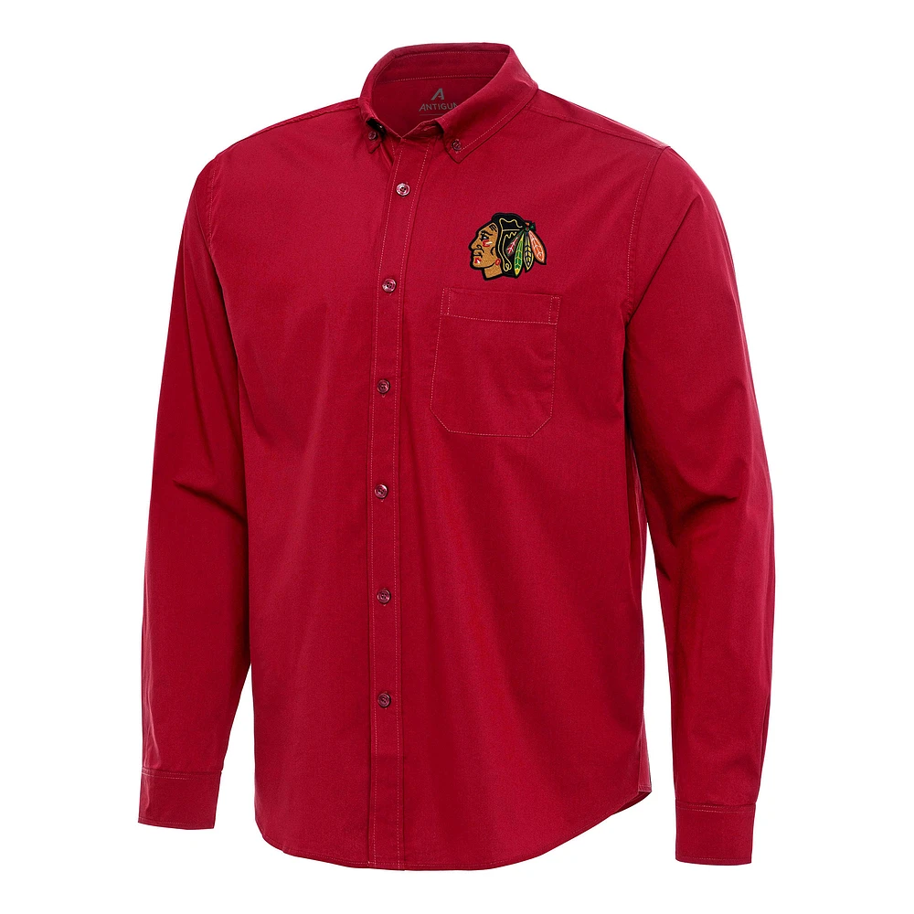 Men's Antigua Red Chicago Blackhawks Flight Woven Tri-Blend Long Sleeve Button-Down Shirt