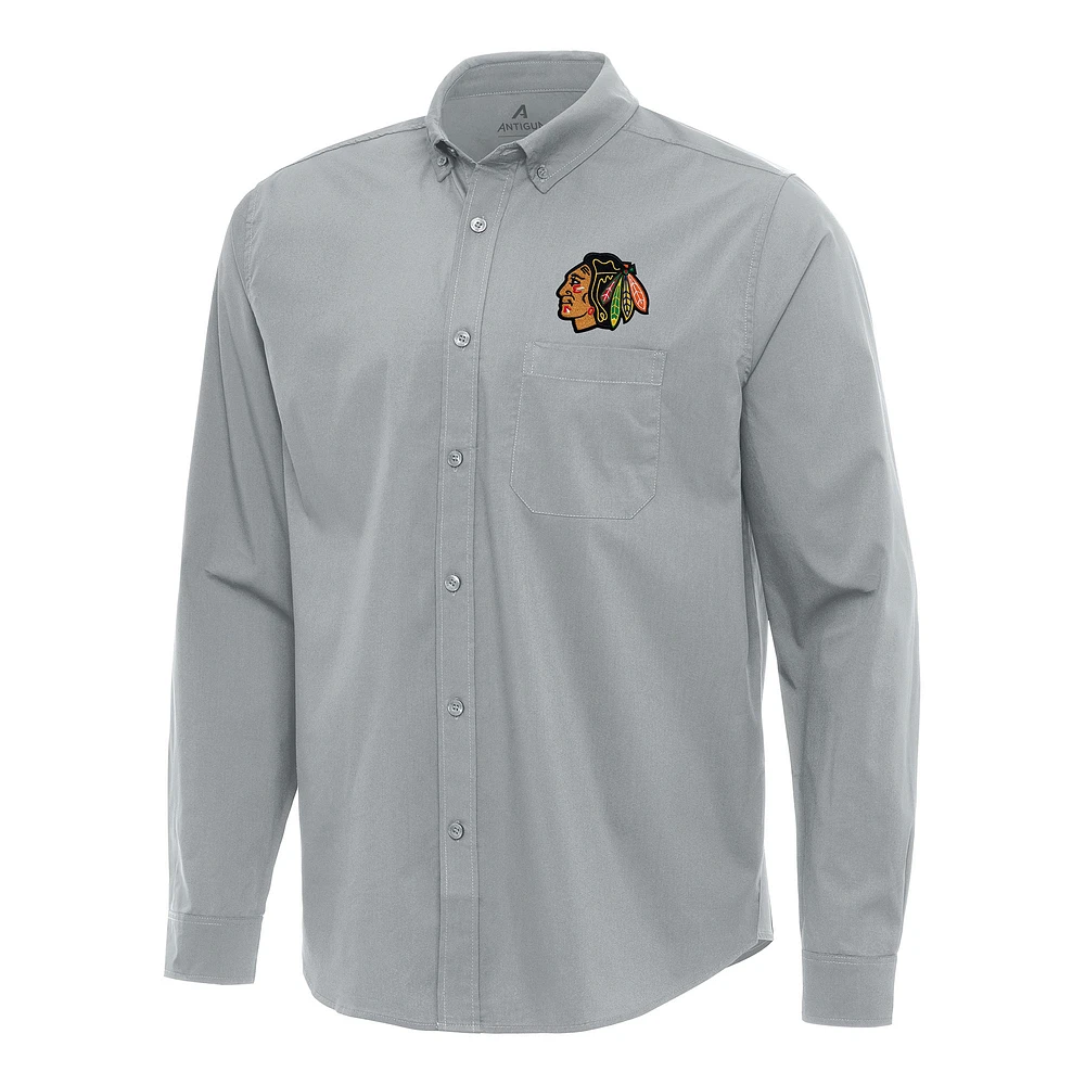 Men's Antigua Gray Chicago Blackhawks Flight Woven Tri-Blend Long Sleeve Button-Down Shirt