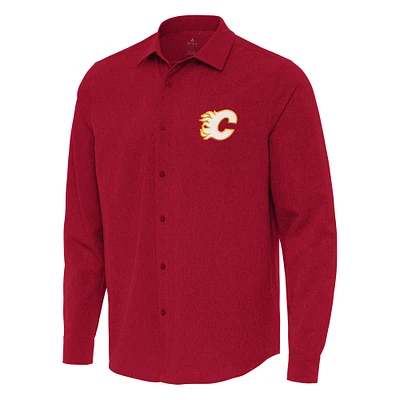 Men's Antigua Red Calgary Flames Exposure Woven Long Sleeve Button-Up Shirt