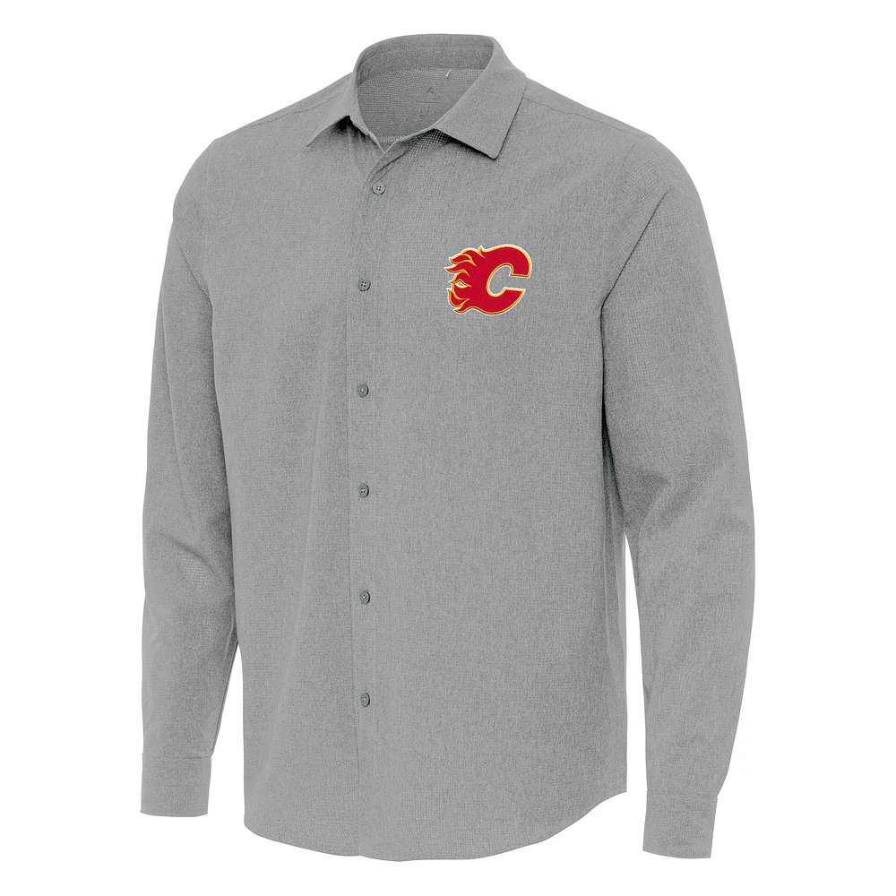 Men's Antigua Gray Calgary Flames Exposure Woven Long Sleeve Button-Up Shirt