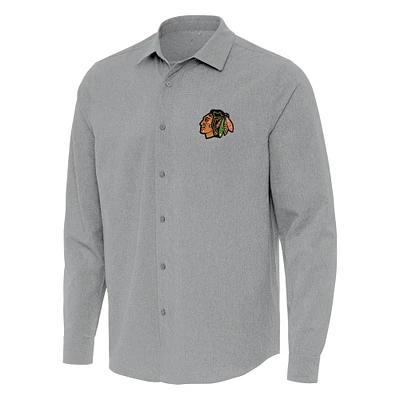 Men's Antigua Gray Chicago Blackhawks Exposure Woven Long Sleeve Button-Up Shirt