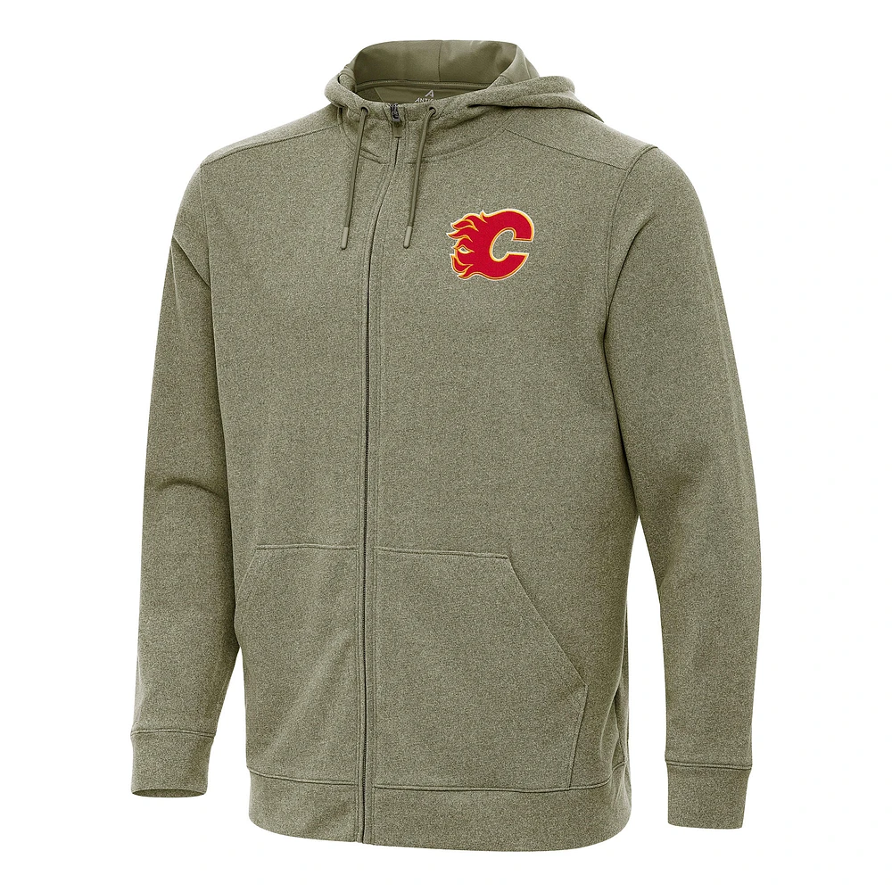 Men's Antigua Olive Calgary Flames Effortless Full-Zip Hoodie Jacket