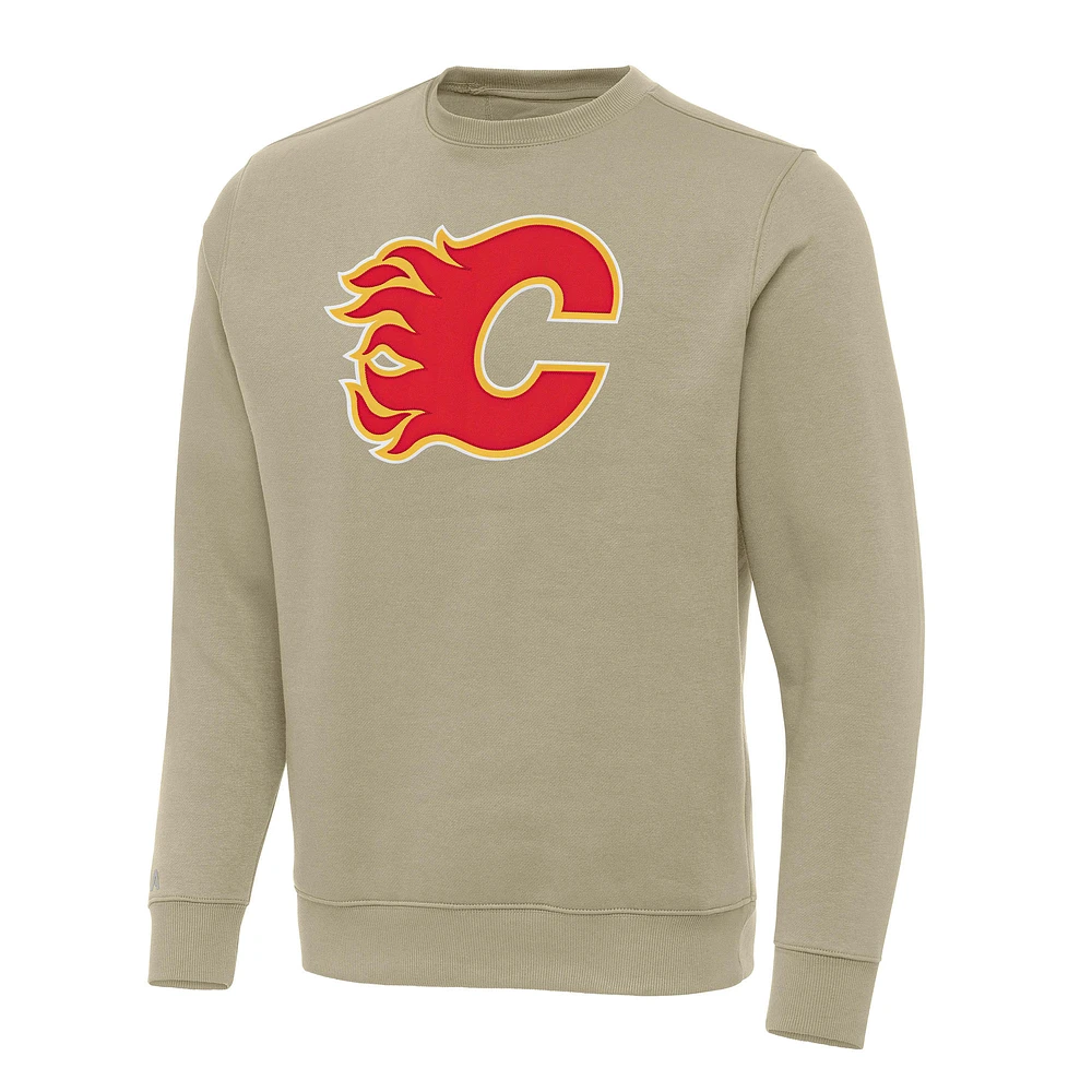 Men's Antigua Khaki Calgary Flames Victory Crewneck Pullover Sweatshirt