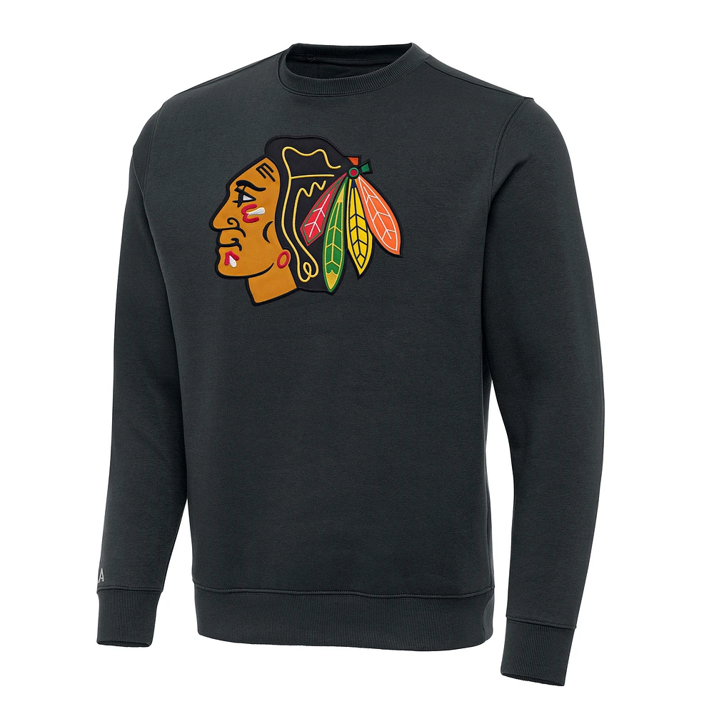 Men's Antigua Charcoal Chicago Blackhawks Victory Crewneck Pullover Sweatshirt