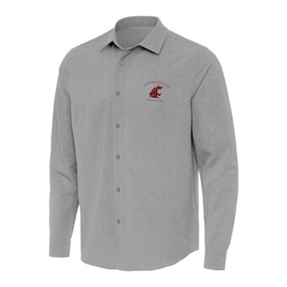 Men's Antigua Gray Washington State Cougars Exposure Woven Long Sleeve Button-Up Shirt