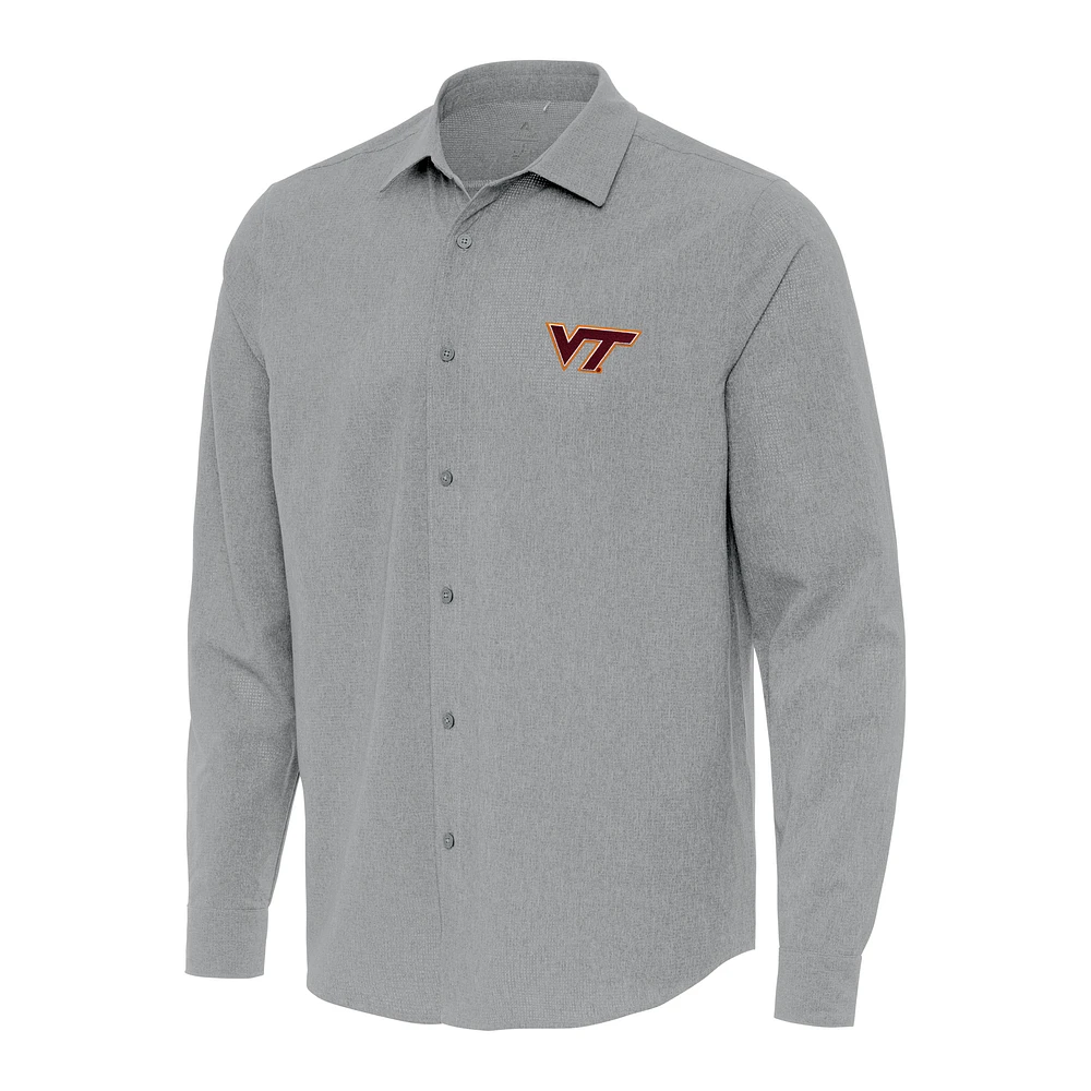 Men's Antigua Gray Virginia Tech Hokies Exposure Woven Long Sleeve Button-Up Shirt