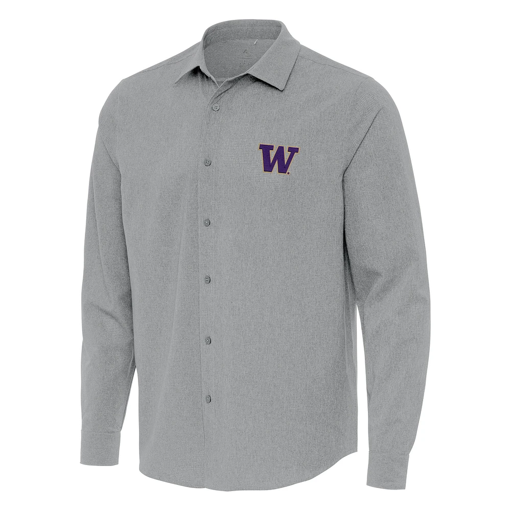 Men's Antigua Gray Washington Huskies Exposure Woven Long Sleeve Button-Up Shirt