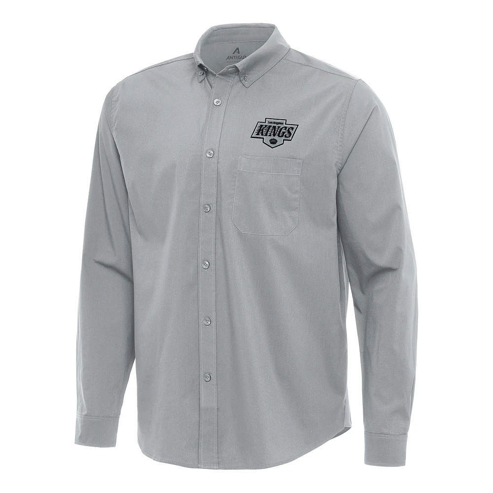 Men's Antigua Gray Los Angeles Kings Flight Woven Tri-Blend Long Sleeve Button-Down Shirt