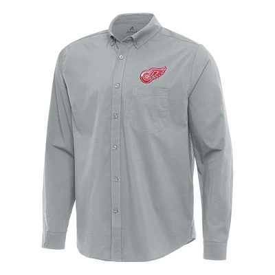 Men's Antigua Gray Detroit Red Wings Flight Woven Tri-Blend Long Sleeve Button-Down Shirt