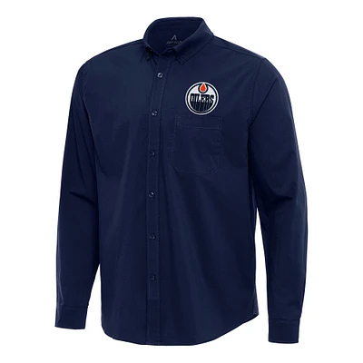 Men's Antigua Navy Edmonton Oilers Flight Woven Tri-Blend Long Sleeve Button-Down Shirt