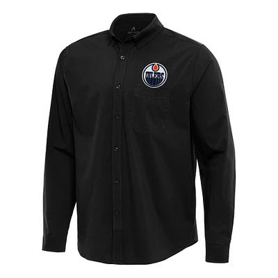 Men's Antigua Black Edmonton Oilers Flight Woven Tri-Blend Long Sleeve Button-Down Shirt
