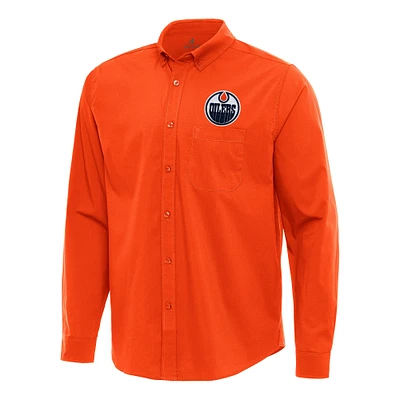 Men's Antigua Orange Edmonton Oilers Flight Woven Tri-Blend Long Sleeve Button-Down Shirt