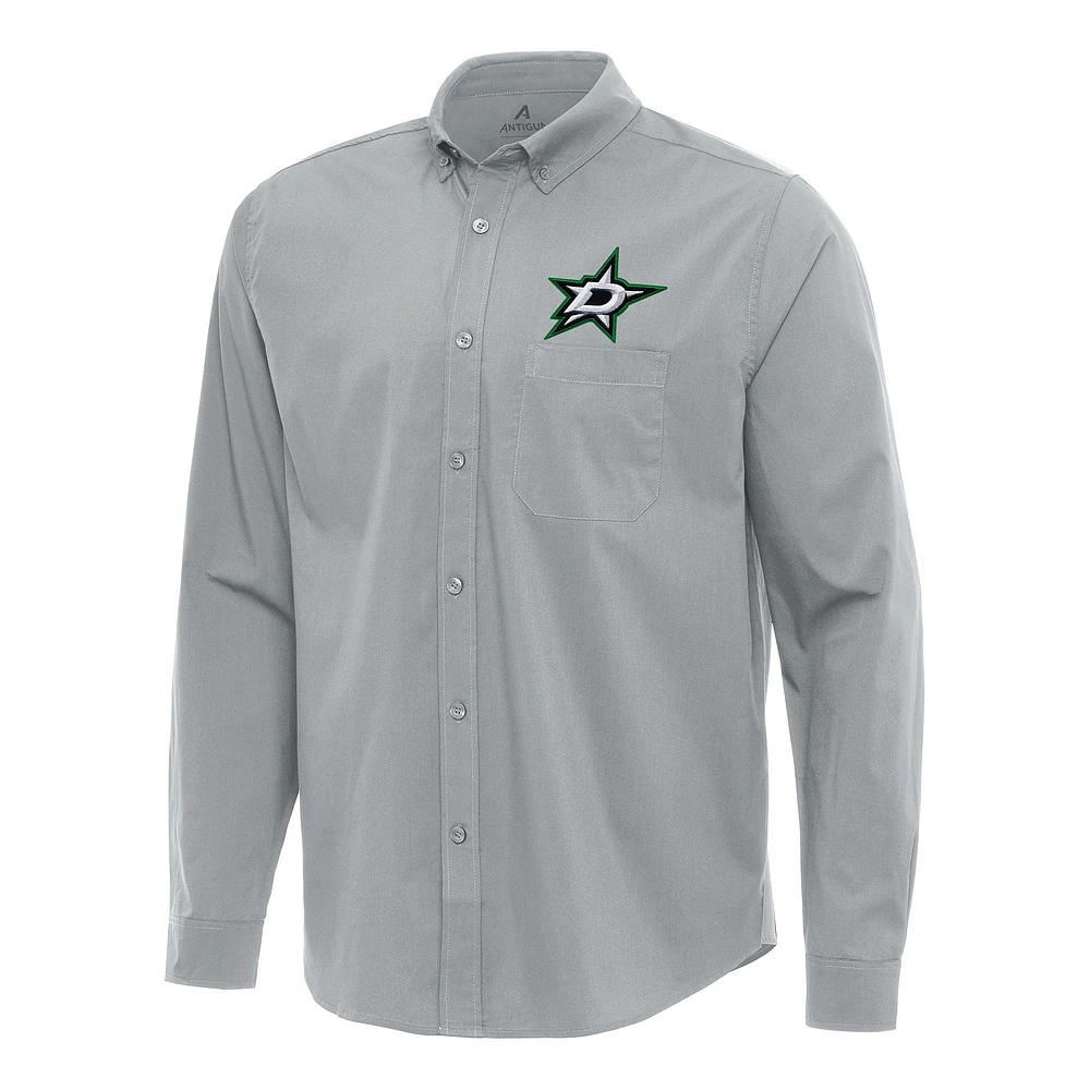 Men's Antigua Gray Dallas Stars Flight Woven Tri-Blend Long Sleeve Button-Down Shirt