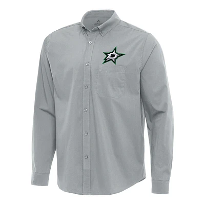Men's Antigua Gray Dallas Stars Flight Woven Tri-Blend Long Sleeve Button-Down Shirt