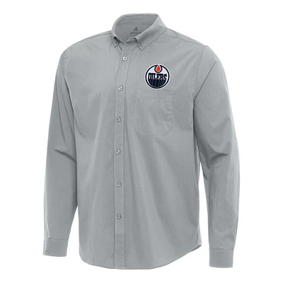 Men's Antigua Gray Edmonton Oilers Flight Woven Tri-Blend Long Sleeve Button-Down Shirt
