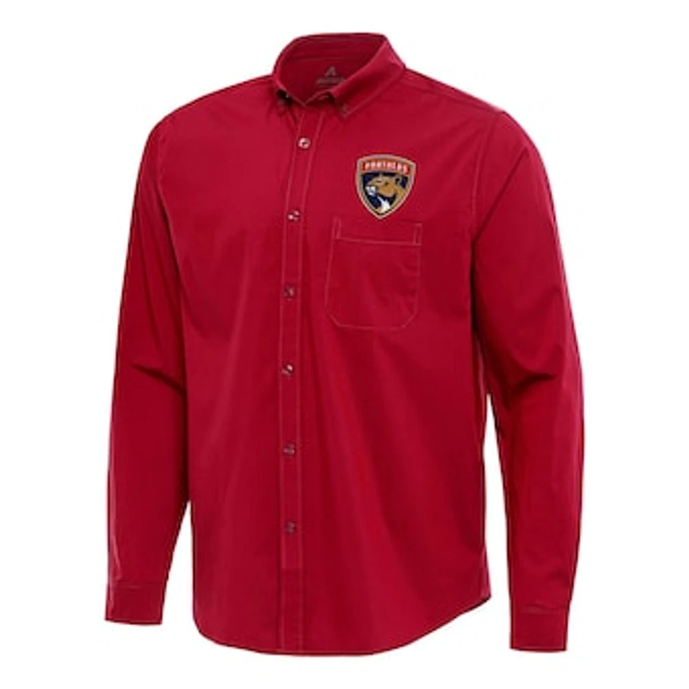 Men's Antigua Red Florida Panthers Flight Woven Tri-Blend Long Sleeve Button-Down Shirt