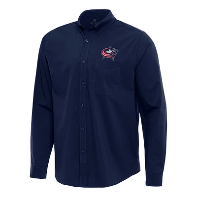 Men's Antigua Navy Columbus Blue Jackets Flight Woven Tri-Blend Long Sleeve Button-Down Shirt