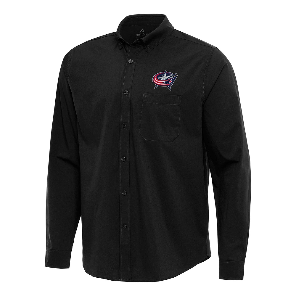 Men's Antigua Black Columbus Blue Jackets Flight Woven Tri-Blend Long Sleeve Button-Down Shirt