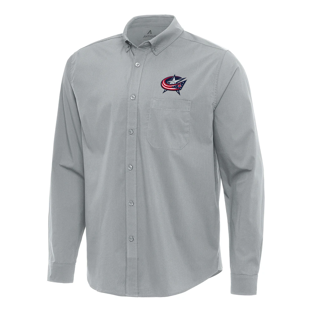 Men's Antigua Gray Columbus Blue Jackets Flight Woven Tri-Blend Long Sleeve Button-Down Shirt
