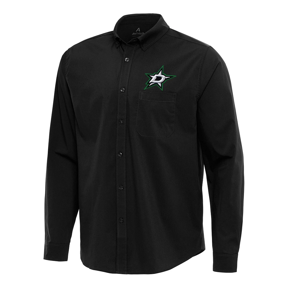Men's Antigua Black Dallas Stars Flight Woven Tri-Blend Long Sleeve Button-Down Shirt