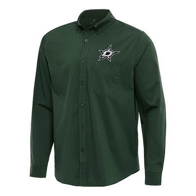 Men's Antigua Hunter Green Dallas Stars Flight Woven Tri-Blend Long Sleeve Button-Down Shirt