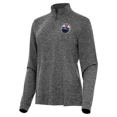 Women's Antigua Heather Black Edmonton Oilers Mentor Quarter-Zip Mock Long Sleeve Top