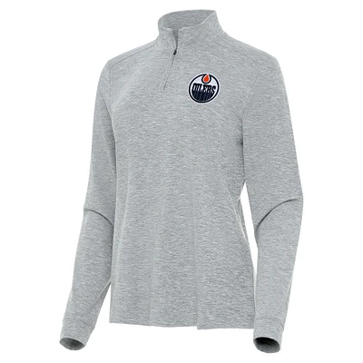 Women's Antigua Heather Gray Edmonton Oilers Mentor Quarter-Zip Mock Long Sleeve Top