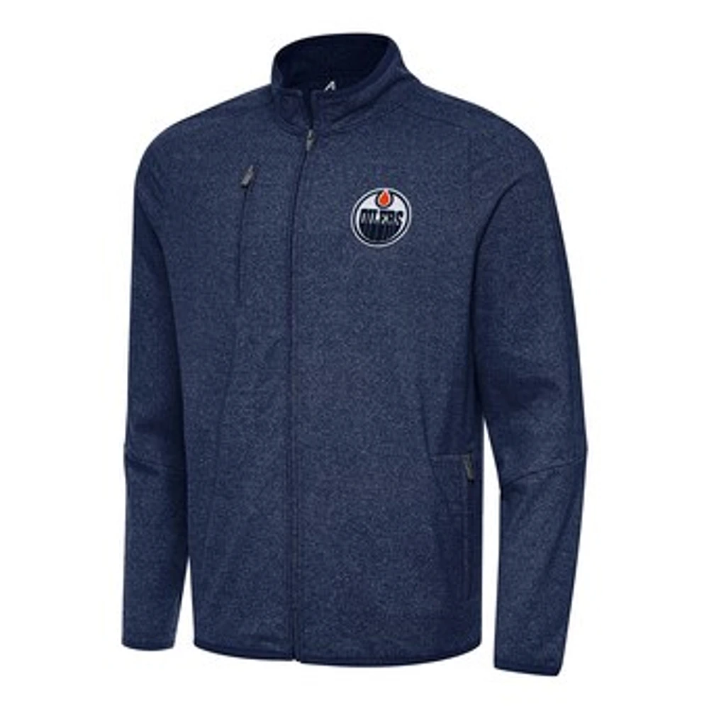 Men's Antigua Heather Navy Edmonton Oilers Hold-Up Full-Zip Tri-Blend Jacket