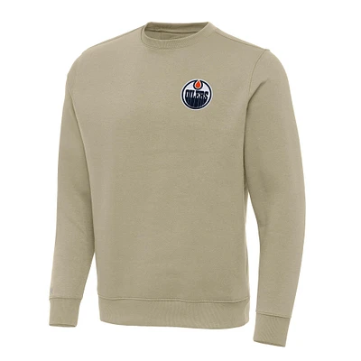 Men's Antigua Khaki Edmonton Oilers Victory Crewneck Pullover Sweatshirt