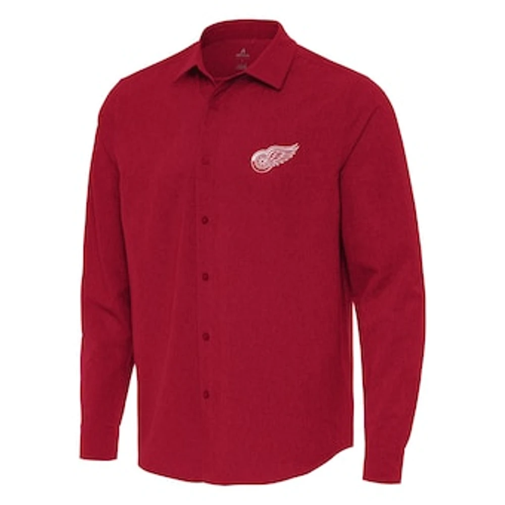 Men's Antigua Red Detroit Wings Exposure Woven Long Sleeve Button-Up Shirt