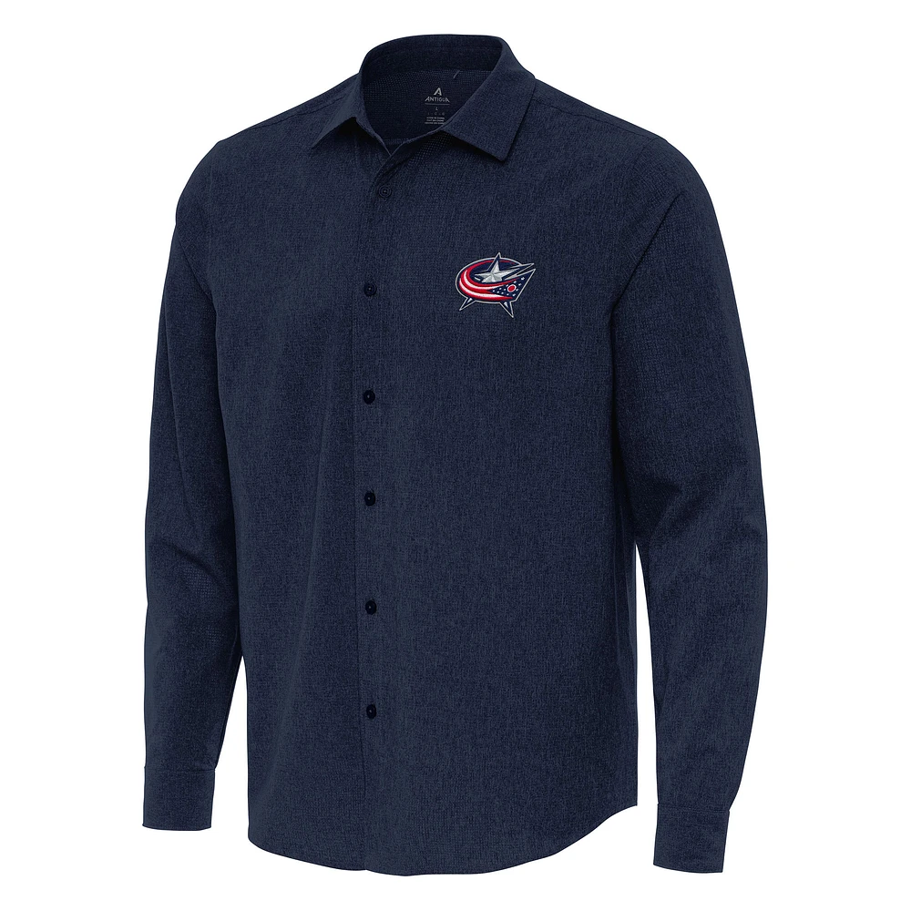 Men's Antigua Navy Columbus Blue Jackets Exposure Woven Long Sleeve Button-Up Shirt