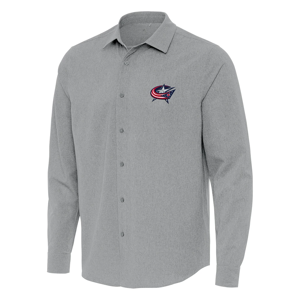 Men's Antigua Gray Columbus Blue Jackets Exposure Woven Long Sleeve Button-Up Shirt