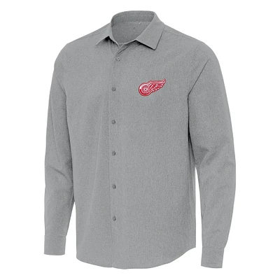 Men's Antigua Gray Detroit Red Wings Exposure Woven Long Sleeve Button-Up Shirt
