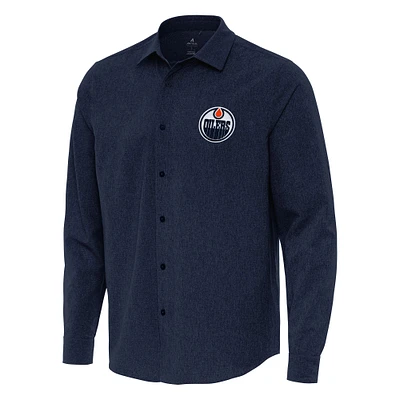 Men's Antigua Navy Edmonton Oilers Exposure Woven Long Sleeve Button-Up Shirt