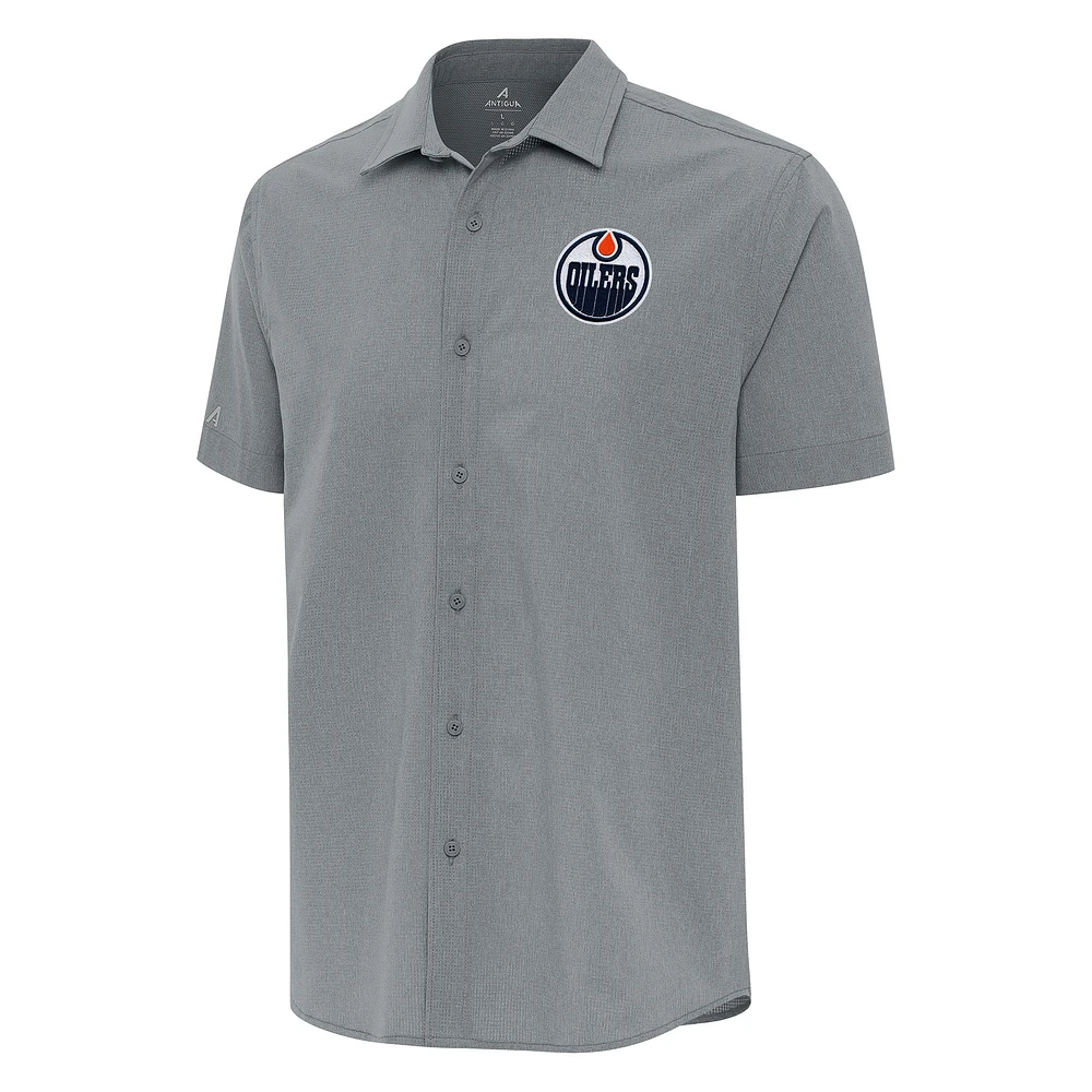 Men's Antigua Gray Edmonton Oilers Activate Woven Short Sleeve Button-Up Shirt