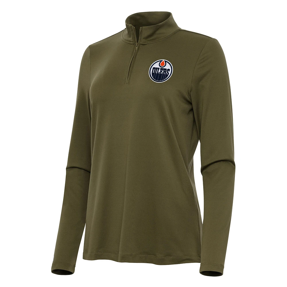 Women's Antigua Olive Edmonton Oilers Reprocess Quarter-Zip Top
