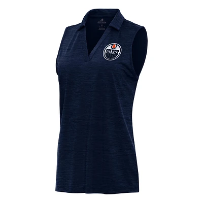 Women's Antigua Heather Navy Edmonton Oilers Layout Sleeveless V-Neck Polo