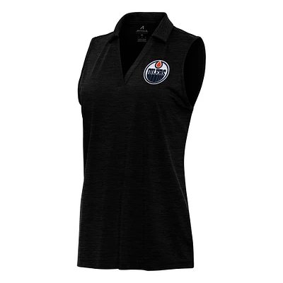 Women's Antigua Heather Black Edmonton Oilers Layout Sleeveless V-Neck Polo