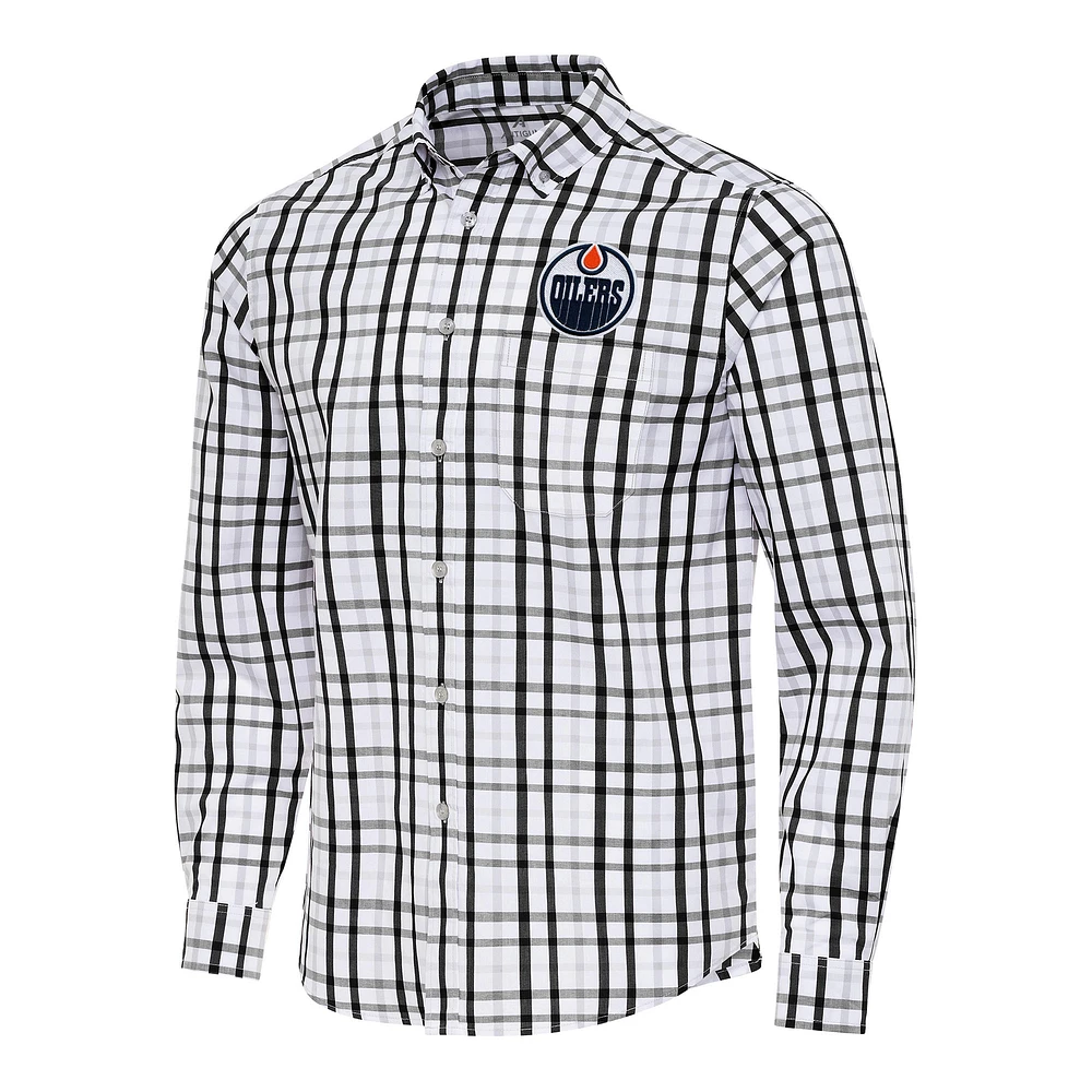 Men's Antigua Black/Gray Edmonton Oilers Tending 2 Button-Down Long Sleeve Shirt