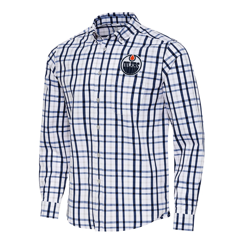 Men's Antigua Navy/Gray Edmonton Oilers Tending 2 Button-Down Long Sleeve Shirt