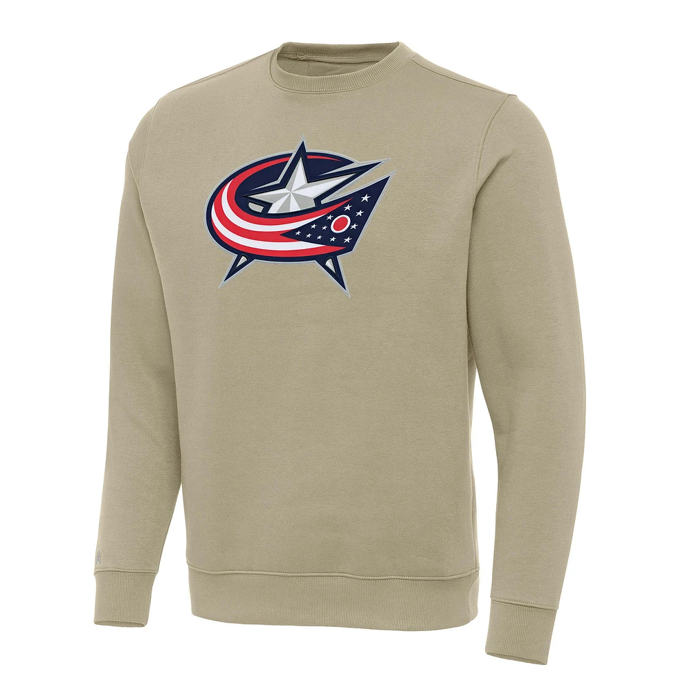 Men's Antigua Khaki Columbus Blue Jackets Victory Crewneck Pullover Sweatshirt