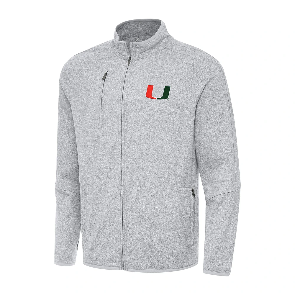 Men's Antigua Heather Gray Miami Hurricanes Hold-Up Full-Zip Tri-Blend Jacket