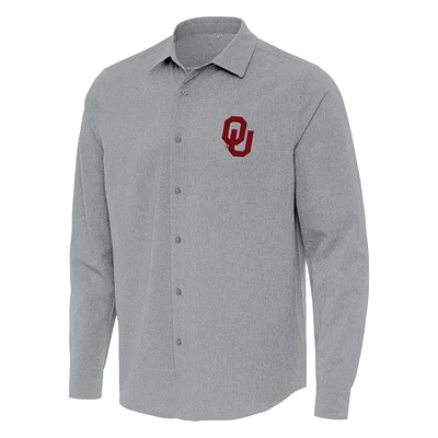 Men's Antigua Gray Oklahoma Sooners Exposure Woven Long Sleeve Button-Up Shirt