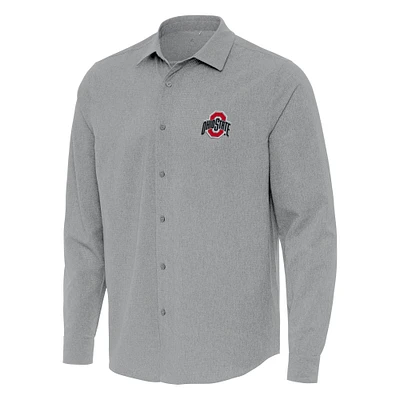 Men's Antigua Gray Ohio State Buckeyes Exposure Woven Long Sleeve Button-Up Shirt