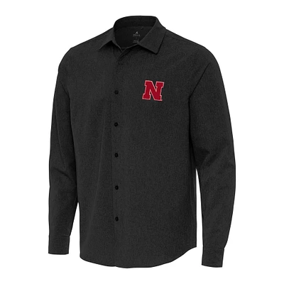 Men's Antigua Black Nebraska Huskers Exposure Woven Long Sleeve Button-Up Shirt