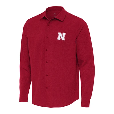 Men's Antigua Red Nebraska Huskers Exposure Woven Long Sleeve Button-Up Shirt